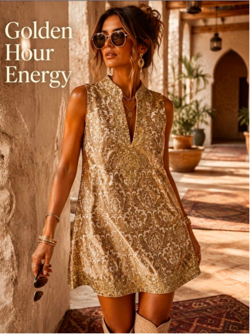Sue Anu Gold Brocade Embellished Tunic Top Boho Luxe Festival Mini Dress M